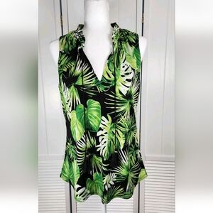 White House Black Market Green Sleeveless Blouse Size Medium Tropical Tank Top
